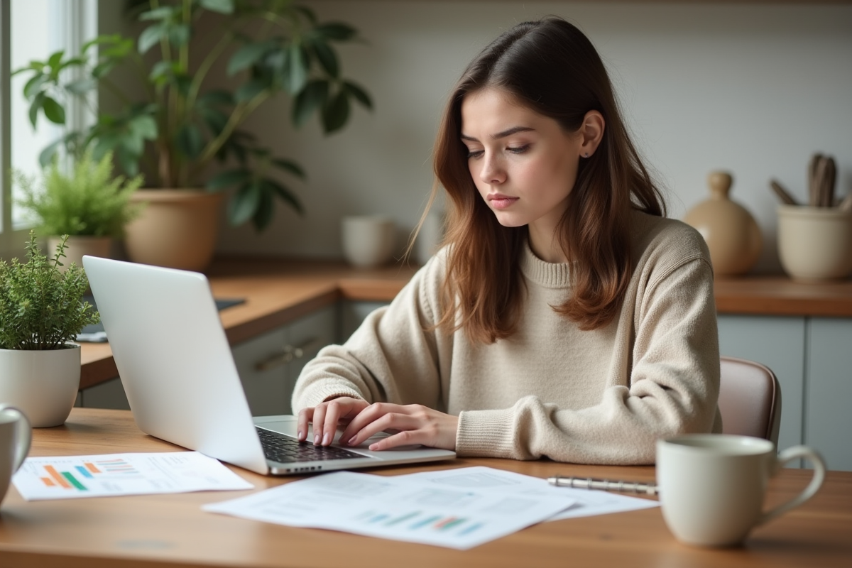 Jeune femme analysant ses papiers à la maison