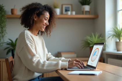Jeune femme au bureau utilisant une calculatrice digitale