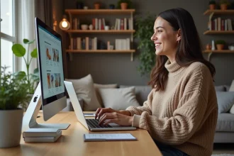 Femme souriante travaillant à son bureau à domicile