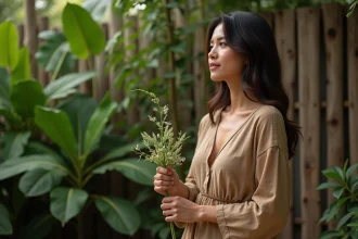 Femme calédonienne en robe lin tenant une plante patchouli