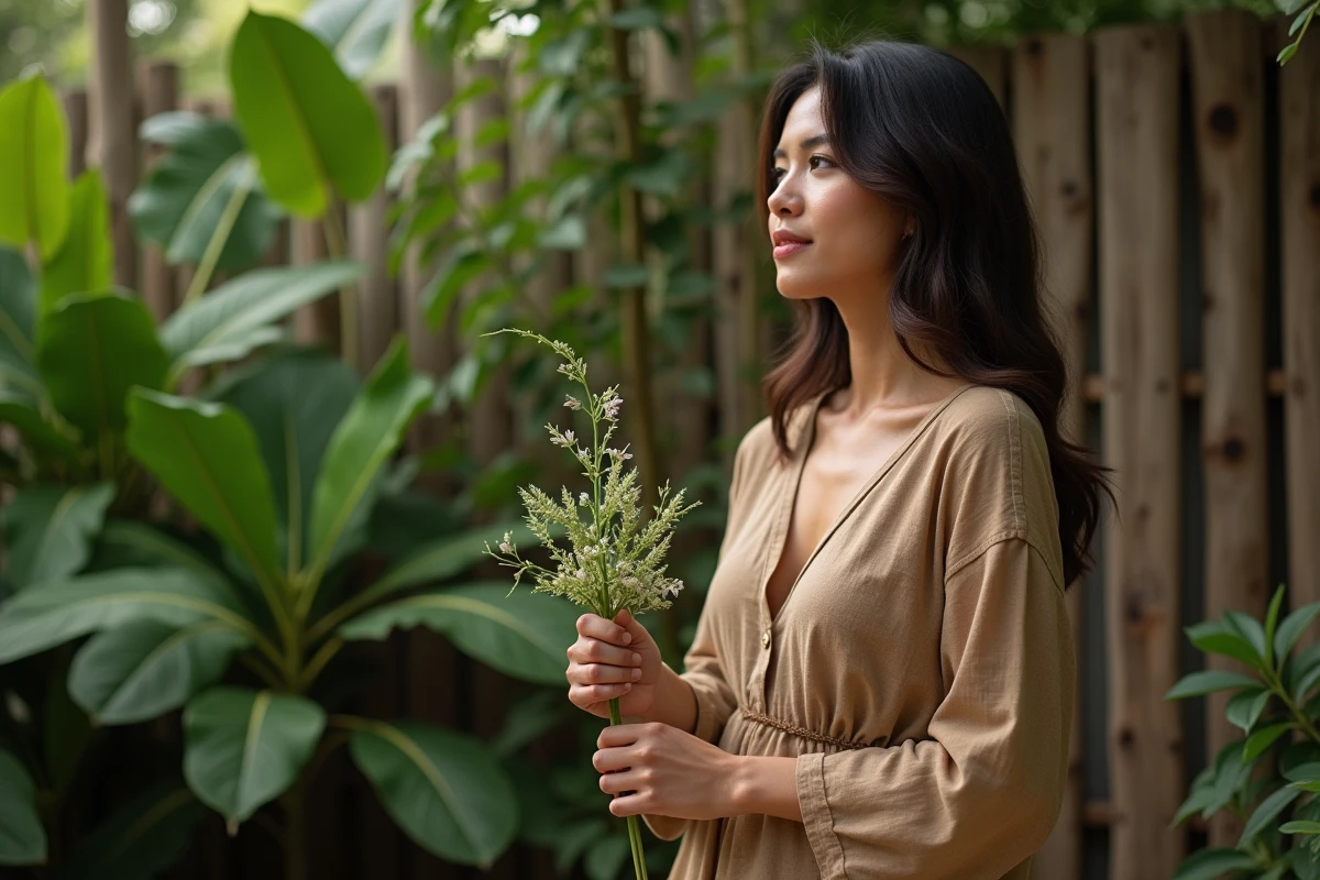 Femme calédonienne en robe lin tenant une plante patchouli