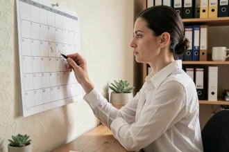 Femme marquant les semaines impaires sur un calendrier mural en papier dans un bureau à domicile