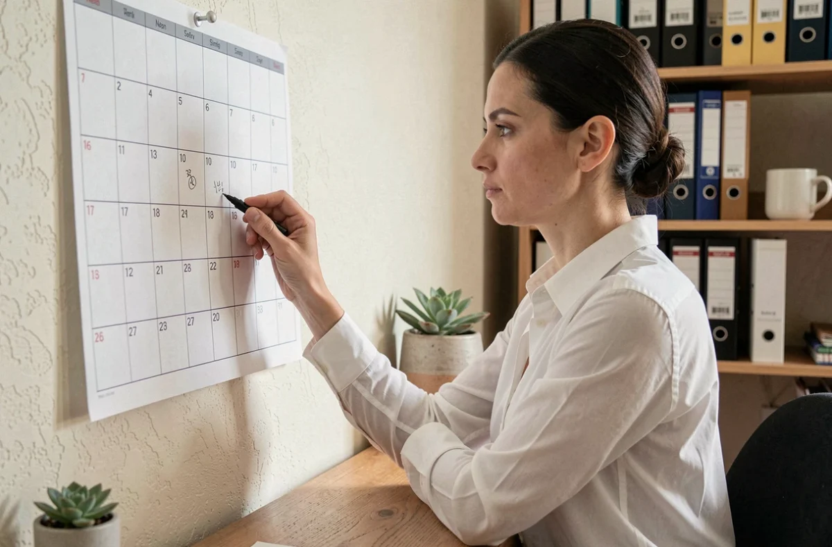Femme marquant les semaines impaires sur un calendrier mural en papier dans un bureau à domicile