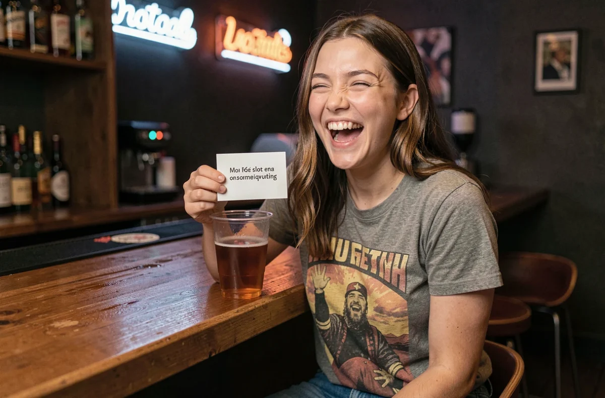 Jeune femme hilare tenant une carte de blague lors d'un jeu à boire dans un bar à domicile