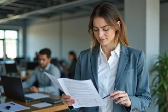 Femme d'affaires comparant deux relevés financiers au bureau pour comprendre un écart de solde comptable