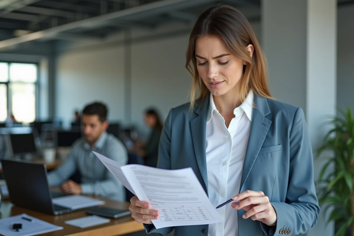 Femme d'affaires comparant deux relevés financiers au bureau pour comprendre un écart de solde comptable