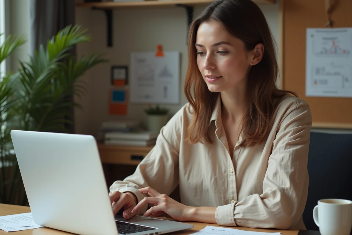 Femme comparant les forfaits Lycamobile 30 euros sur ordinateur portable et smartphone au bureau