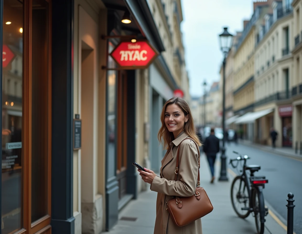 Femme arrivant devant un bureau de tabac avec son enseigne rouge caractéristique dans une rue parisienne