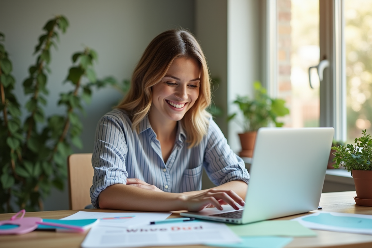 Femme souriante utilisant un ordinateur pour s