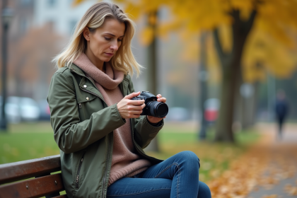 Femme d'âge moyen examinant un appareil photo urbain