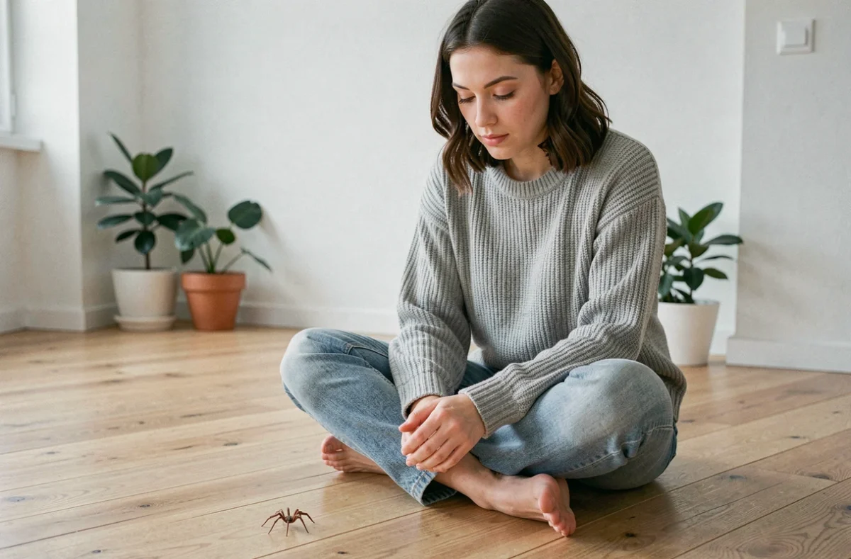 Jeune femme observant calmement une araignée au sol, illustrant la gestion sereine de la peur des araignées