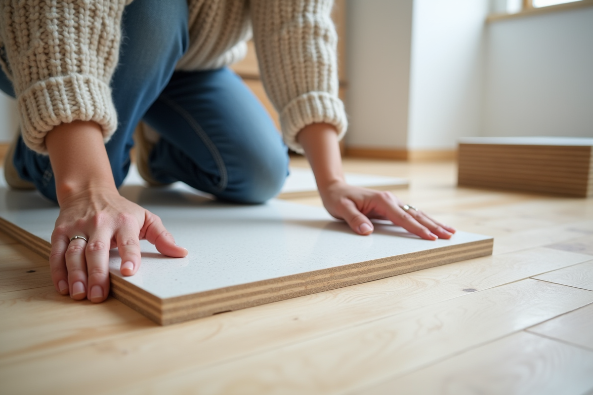 Jeune femme posant des plaques de Depron sous un sol en bois