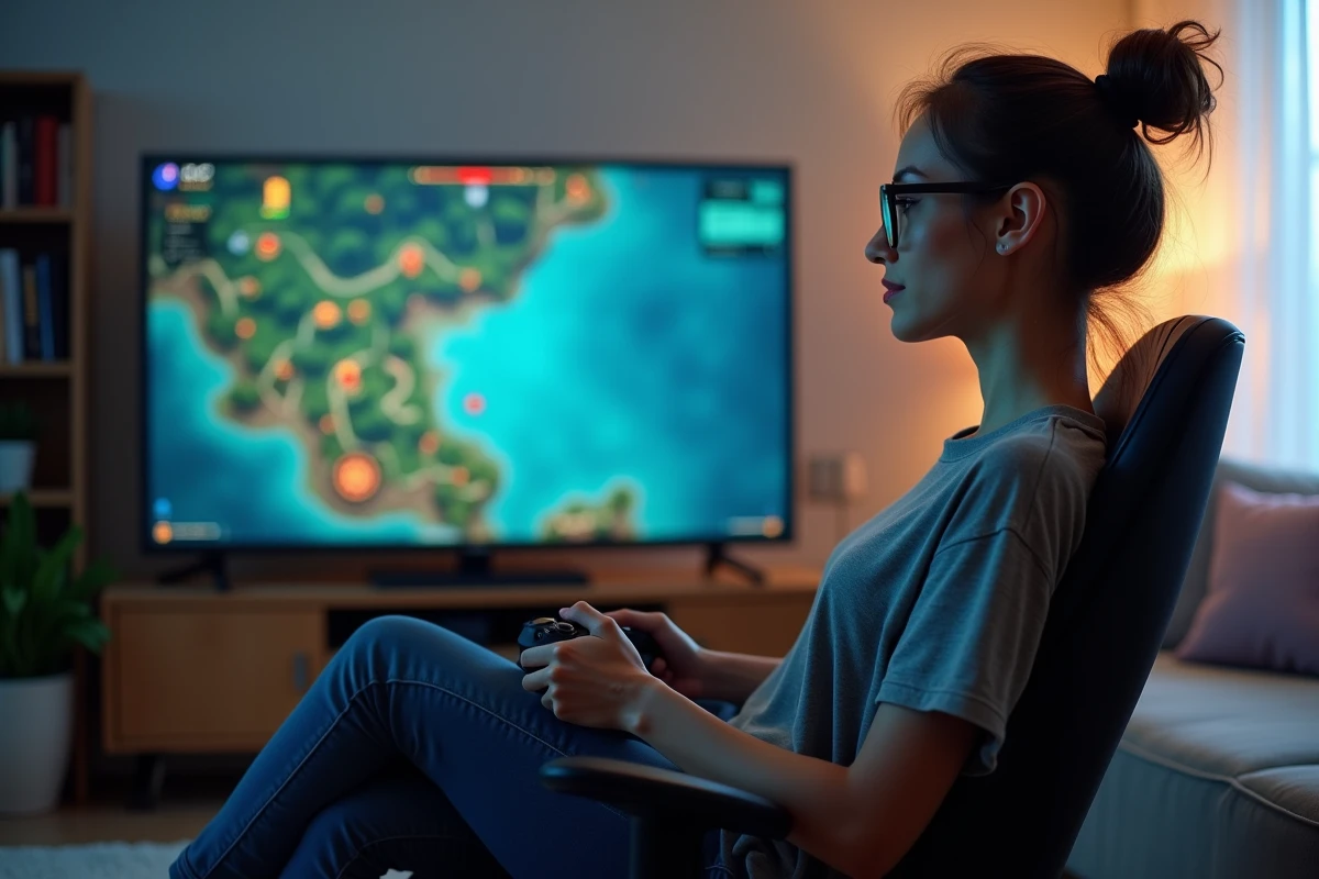 Femme jouant seule à un RPG fantasy sur console dans un salon moderne