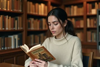 Femme lisant un roman de poche sur le Moyen Âge dans une librairie en bois aux étagères remplies de livres