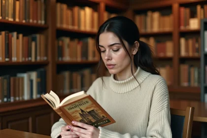 Femme lisant un roman de poche sur le Moyen Âge dans une librairie en bois aux étagères remplies de livres