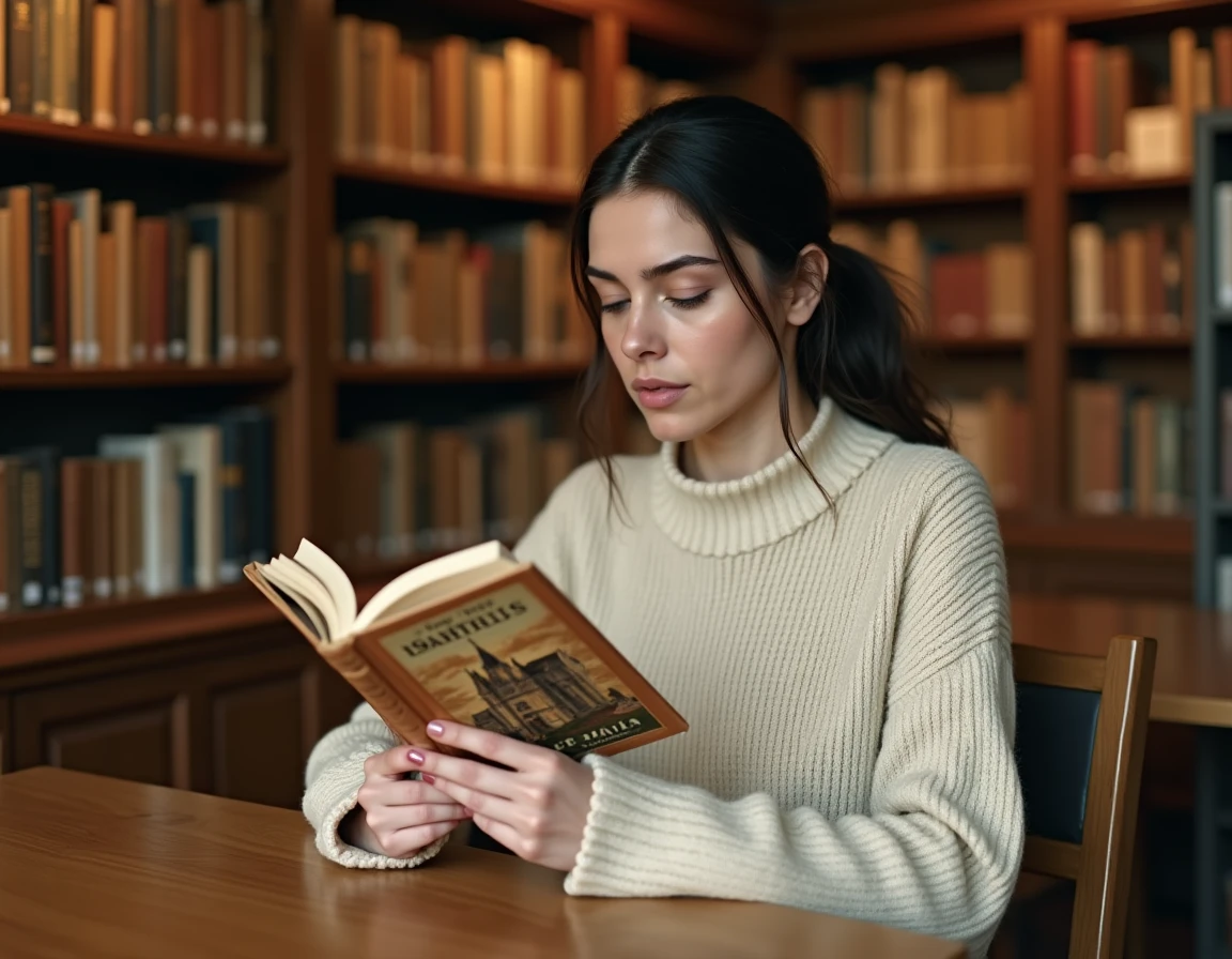 Femme lisant un roman de poche sur le Moyen Âge dans une librairie en bois aux étagères remplies de livres