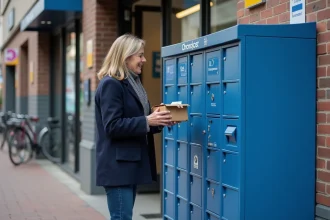 Femme souriante avec colis devant un casier Chronopost