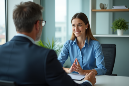 Femme en blouse bleue face à son manager au bureau
