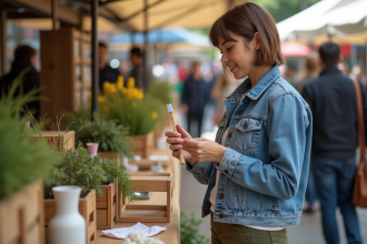 Femme examine une brosse à bambou dans un marché bio