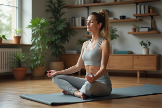 Femme méditant assise sur un tapis dans un salon moderne