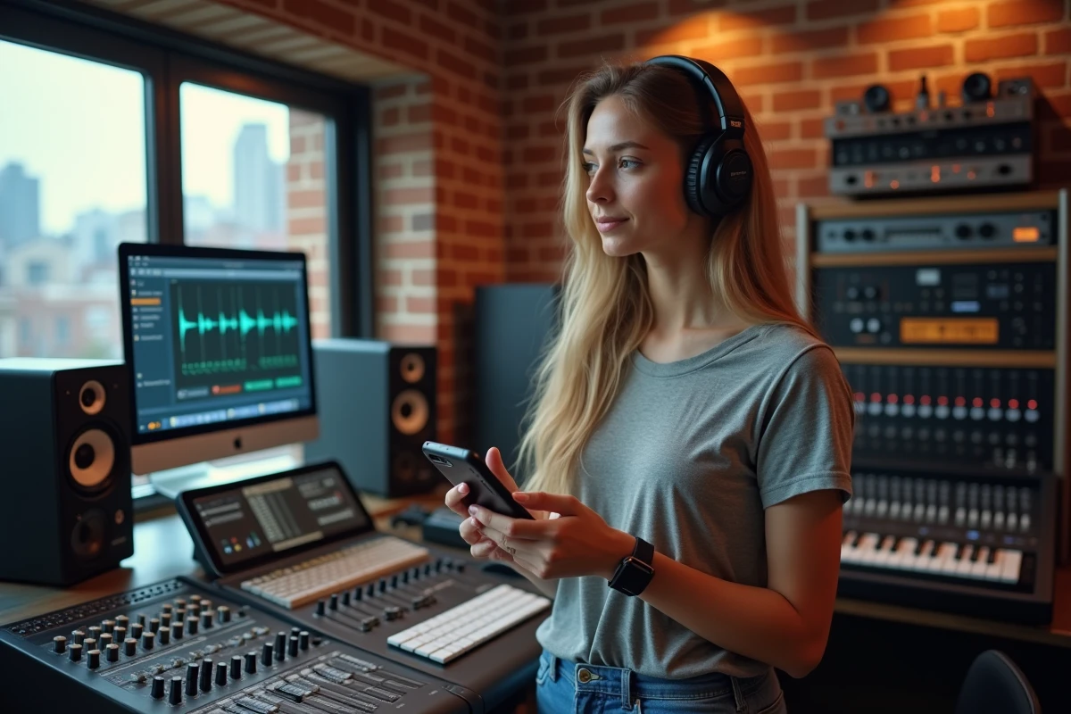 Femme avec casque utilisant une console de mixage en studio