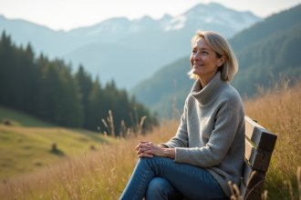 Femme assise dans un pré montagnard paisible
