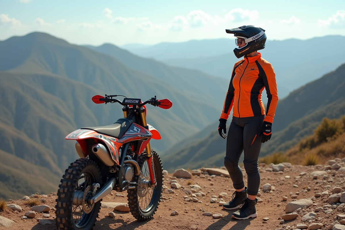 Femme motocross regardant la vallée depuis un plateau rocheux