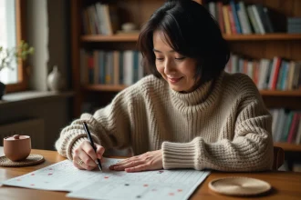 Femme résolvant des mots fléchés sur des villes du Japon dans un journal imprimé, assise à un bureau en bois chaleureux