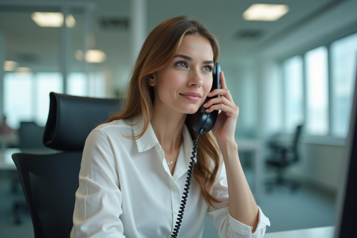 Jeune femme au bureau compose un numéro sur son téléphone