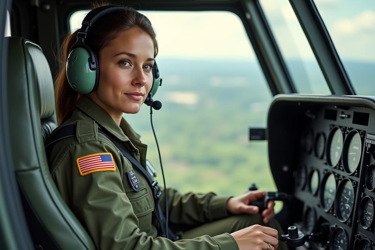 Femme pilote militaire aux commandes d'un hélicoptère dans le cockpit