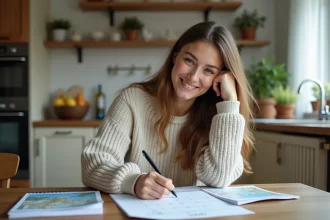 Jeune femme planifiant un voyage à la maison