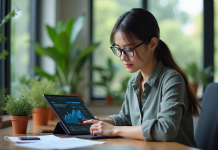 Jeune femme professionnelle étudiant une visualisation blockchain