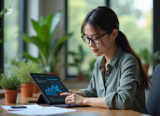 Blockchain et environnement : transparence et responsabilité renforcées grâce à la technologie Jeune femme professionnelle étudiant une visualisation blockchain
