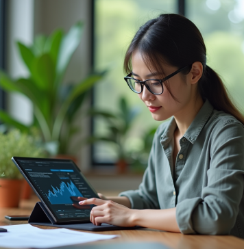Blockchain et environnement : transparence et responsabilité renforcées grâce à la technologie Jeune femme professionnelle étudiant une visualisation blockchain