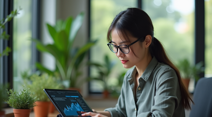 Jeune femme professionnelle étudiant une visualisation blockchain