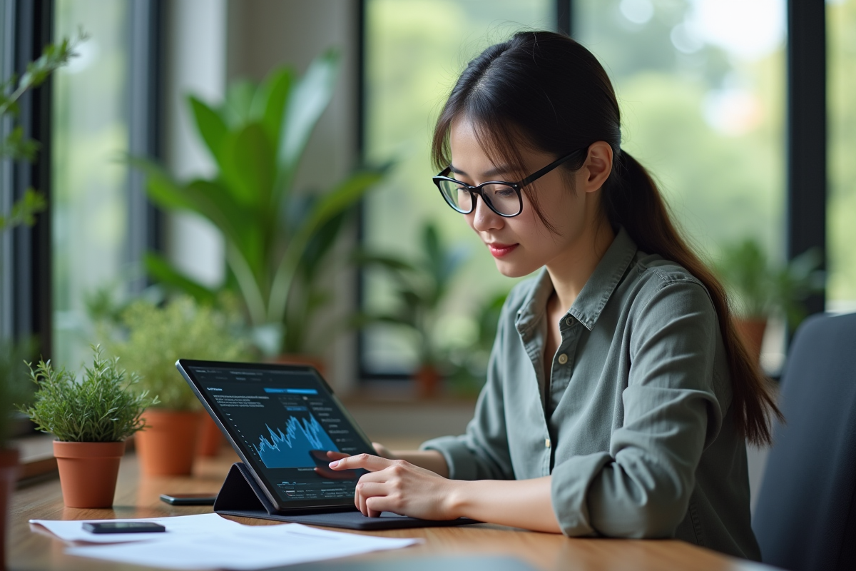 Jeune femme professionnelle étudiant une visualisation blockchain
