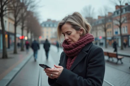 Femme attendant seule sur un quai de tram vide à Lyon lors de la grève TCL du 5 décembre 2026