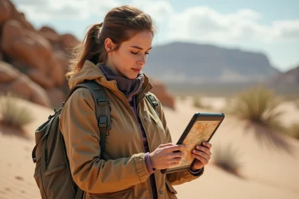 Jeune femme en randonn&eacute;e regardant une tablette dans le d&eacute;sert