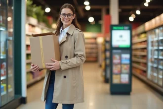 Femme récupérant un colis dans un point relais en supermarché