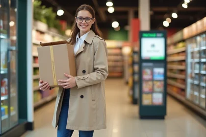 Femme récupérant un colis dans un point relais en supermarché