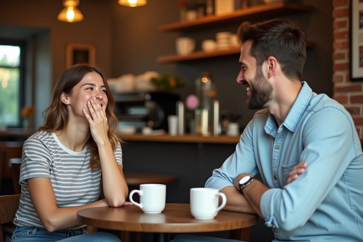 Une jeune femme qui éclate de rire dans un café face à un ami qui lui raconte une blague pour lui redonner le sourire