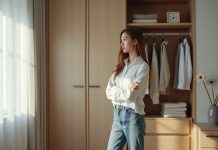 Jeune femme en jeans blanc dans une chambre lumineuse