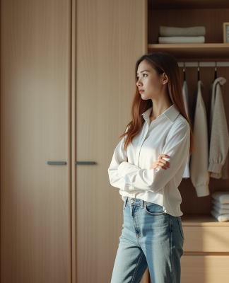 Jeune femme en jeans blanc dans une chambre lumineuse