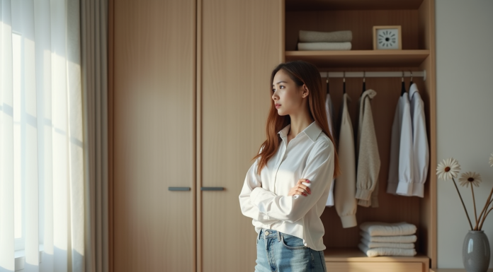 Jeune femme en jeans blanc dans une chambre lumineuse