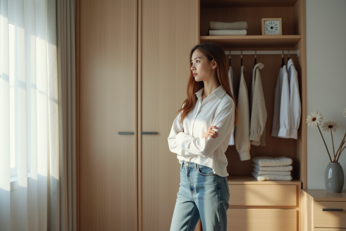 Jeune femme en jeans blanc dans une chambre lumineuse