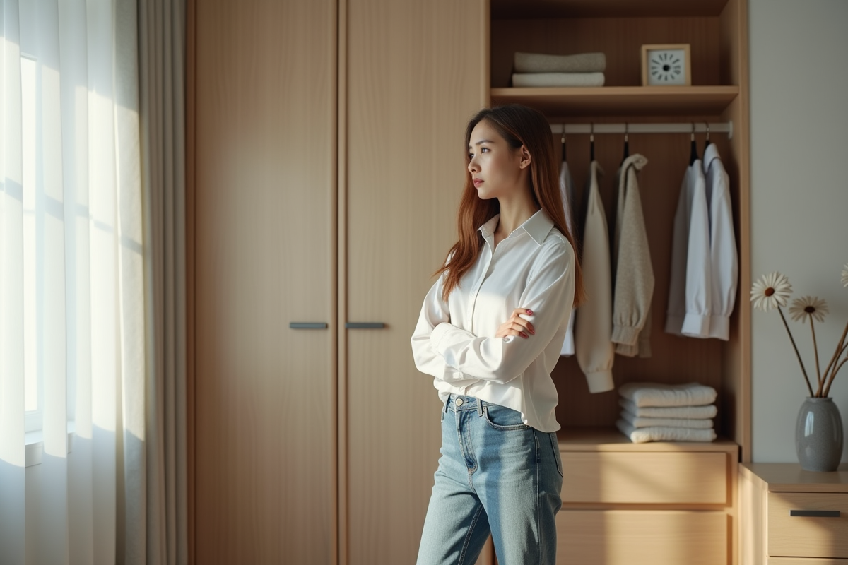 Jeune femme en jeans blanc dans une chambre lumineuse
