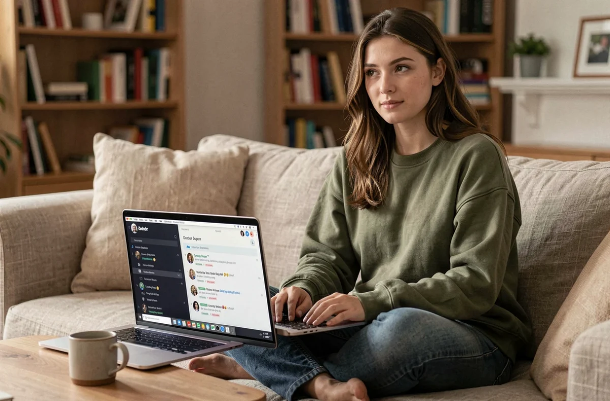 Jeune femme naviguant dans les salons d'un serveur Discord sur un laptop depuis son canapé