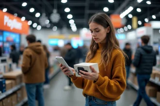 Femme comparant deux gadgets dans un magasin bondé