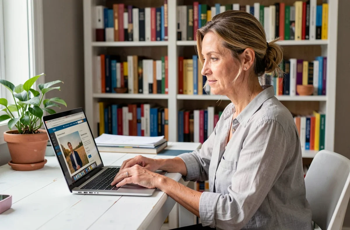 Femme utilisant discrètement un site de rencontre sur son ordinateur portable à domicile