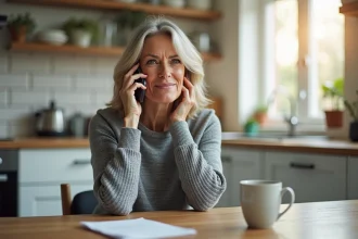 Femme utilisant un annuaire téléphonique 118 sur smartphone pour rechercher un numéro gratuit en 2026